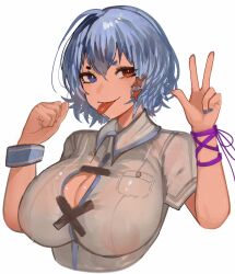 Rule 34 | 1girl, blue eyes, blue hair, blue nails, breasts, cleavage, clenched hand, closed mouth, collared shirt, commentary, covered erect nipples, heterochromia, highres, large breasts, looking at viewer, red eyes, see-through, see-through shirt, shirt, short hair, simple background, smile, solo, tatara kogasa, tomatolover16, tongue, tongue out, touhou, w, white background