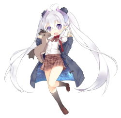 Rule 34 | 1girl, :d, ahoge, black socks, coat, demon horns, dress shirt, fang, female focus, full body, horns, kneehighs, light purple hair, loafers, long hair, looking at viewer, mofetousu furuna, open clothes, open coat, open mouth, original, plaid, plaid skirt, pointy ears, purple eyes, saru, scarf, school uniform, shirt, shoes, simple background, skirt, smile, socks, solo, starry sky print, stuffed animal, stuffed horse, stuffed toy, twintails, v, very long hair, white background, white hair