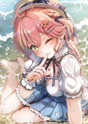 1girl ahoge barefoot beach blush closed_mouth earrings finger_to_mouth green_eyes half-closed_eyes highres hololive imo_bouya jewelry official_alternate_costume pink_hair pink_nails sakura_miko sakura_miko_(street) shushing smile solo virtual_youtuber wet