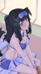 Rule 34 | 1girl, absurdres, animal ears, black hair, blue archive, blue eyes, blue skirt, blush, breasts, cheerleader, cleavage, closed mouth, dog ears, dog girl, dog tail, goggles, goggles on head, hibiki (blue archive), hibiki (cheer squad) (blue archive), highres, holding, holding pom poms, long hair, medium breasts, midriff, millennium cheerleader outfit (blue archive), mj154123, multicolored clothes, nose blush, outdoors, pom pom (cheerleading), pom poms, ponytail, sitting, skirt, solo, star sticker, star tattoo, sticker on arm, tail, tattoo, white skirt