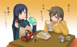 Rule 34 | 2girls, alternate costume, asahi breweries, beige dress, blue hair, breasts, brown hair, can, casual, commentary request, cookie, food, gradient background, green sweater, grey hair, hair down, highres, hiryuu (kancolle), holding, holding can, holding food, kantai collection, kotatsu, koyori hinata, large breasts, long hair, multiple girls, official alternate costume, one side up, orange background, orange sweater, ribbed sweater, school uniform, serafuku, short hair, simple background, souryuu (kancolle), sweater, table, translation request, turtleneck, turtleneck sweater, usugumo (kancolle)