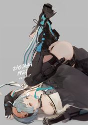 Rule 34 | artist name, ass, asymmetrical legwear, bare shoulders, black gloves, blue hair, blue ribbon, boots, buckle, character name, choker, coat, collarbone, cross-laced footwear, crossed ankles, earrings, elbow gloves, eyewear on head, fingerless gloves, girls&#039; frontline, gloves, goggles, goggles on head, grey background, jewelry, knife, knife sheath, lace-up boots, legs up, long sleeves, looking at viewer, lying, mouth hold, multicolored nails, nail polish, nineo, off shoulder, on back, orange eyes, orange goggles, panties, pantyshot, ribbon, ribbon in mouth, sheath, short hair, signature, simple background, single earring, solo, striped clothes, striped thighhighs, thigh strap, thighhighs, thighs, underwear, uneven legwear, vertical-striped clothes, vertical-striped thighhighs, zas m21 (girls&#039; frontline)