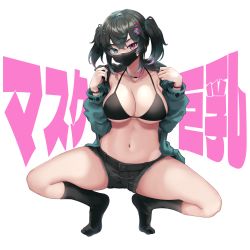 Rule 34 | 1girl, ayafuji sakiya, bikini, bikini top only, black bikini, black hair, black socks, blood, blood from mouth, bracelet, breasts, cleavage, collarbone, commentary request, covered mouth, cutoffs, denim, denim shorts, full body, gradient hair, green eyes, green hair, green jacket, groin, hair between eyes, hair ornament, hairclip, hands up, heterochromia, highres, indie virtual youtuber, jacket, jewelry, kneehighs, large breasts, long sleeves, looking at viewer, masaki nanaya, multicolored hair, navel, neck ring, open clothes, open jacket, pink eyes, pink hair, short shorts, shorts, sidelocks, simple background, socks, solo, squatting, stomach, swimsuit, thick eyebrows, twintails, underboob, virtual youtuber, white background