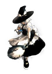 Rule 34 | 1girl, apron, black dress, blonde hair, dress, female focus, full body, hat, kirisame marisa, looking at viewer, puffy short sleeves, puffy sleeves, short sleeves, simple background, solo, touhou, usapiyo, waist apron, white background, witch hat