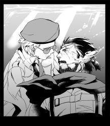 Rule 34 | 2boys, air bubble, beret, border, bubble, coat, collared shirt, eye contact, eyepatch, facial hair, facial scar, greyscale, hat, kazuhira miller, looking at another, male focus, metal gear (series), metal gear solid v: the phantom pain, monochrome, multiple boys, necktie, parted lips, ponytail, scar, scar across eye, scar on cheek, scar on face, shirt, smile, sodayabp, sunglasses, underwater, venom snake, yaoi