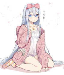 Rule 34 | 1girl, 25-ji miku, absurdly long hair, babydoll, blue eyes, blush, bow, bow hairband, cardigan, character doll, crescent, crescent necklace, flower, full body, hairband, hatsune miku, jewelry, long hair, looking at viewer, multicolored clothes, multicolored legwear, necklace, on floor, open mouth, pink bow, pink cardigan, pink flower, pink hairband, project sekai, shachi (kaisendon), simple background, sitting, slippers, socks, solo, sparkle, translation request, very long hair, vocaloid, wariza, white babydoll, white background, white hair, yoisaki kanade