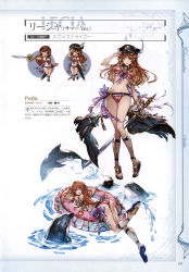 Rule 34 | 10s, 1girl, absurdres, armlet, ass, bikini, blue eyes, bracelet, braid, brown hair, bubble, chibi, collar, dolphin, frilled bikini, frills, full body, granblue fantasy, hat, highres, holding, holding sword, holding weapon, innertube, jewelry, lecia (granblue fantasy), long hair, looking at viewer, looking back, minaba hideo, multiple views, navel, non-web source, official art, open mouth, peaked cap, polka dot, polka dot bikini, sandals, scan, simple background, smile, swim ring, swimsuit, sword, water, weapon