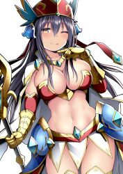 Rule 34 | 1girl, :p, absurdres, armor, bikini armor, blush, breasts, cape, gauntlets, hair between eyes, headdress, highres, holding, holding staff, kuromayu, large breasts, long hair, looking at viewer, one eye closed, orange eyes, original, pelvic curtain, sidelocks, simple background, solo, staff, thighhighs, tongue, tongue out, very long hair, white background, white cape