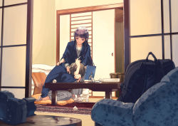 Rule 34 | 2girls, absurdres, apple inc., backpack, bag, blue kimono, brown hair, camera, chair, closed mouth, commentary request, cushion, fusuma, grey legwear, hand on another&#039;s back, highres, indoors, ipad, japanese clothes, kimono, long hair, looking at another, michinoku (hiking miusan18), multiple girls, no shoes, original, purple eyes, purple hair, seiza, short hair, shouji, sitting, sliding doors, smile, socks, standing, table, tablet pc, unworn backpack, unworn bag, used tissue, yukata