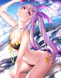 Rule 34 | 1girl, absurdres, amaroku neko, arknights, ass, bare arms, bare shoulders, bikini, black bikini, breasts, cleavage, cloud, collarbone, commentary request, female focus, from side, head wings, highres, long hair, looking at viewer, manticore (arknights), navel, outdoors, pink eyes, pink hair, pointy ears, ribbon, solo, swimsuit, tail, thighs, twintails, wings, yellow bikini, yellow ribbon