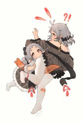 Rule 34 | !?, 2girls, bare shoulders, brown jacket, brown skirt, commentary, forehead, frilled skirt, frills, grey hair, highres, jacket, koebushi (mat), long sleeves, multiple girls, original, pantyhose, pointy ears, profile, puffy long sleeves, puffy sleeves, red eyes, shirt, short eyebrows, simple background, skirt, tentacles, thick eyebrows, thigh strap, white background, white pantyhose, white shirt
