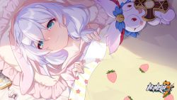 Rule 34 | 1girl, absurdres, artist request, bed, bed sheet, blue eyes, cellphone, closed mouth, doll, from above, hair between eyes, highres, homei (honkai impact), honkai (series), honkai impact 3rd, looking at viewer, official art, pajamas, phone, pillow, shadow, sick, side ponytail, smile, solo, theresa apocalypse, towel, towel on head, white hair