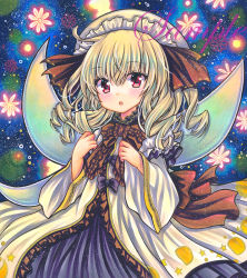 Rule 34 | 1girl, :o, alternate costume, blonde hair, blush, bow, bowtie, brown bow, brown bowtie, brown ribbon, dot nose, dress, dress bow, drill hair, fairy, fairy wings, fireflies, floral background, frilled bow, frilled bowtie, frilled dress, frilled hat, frills, gold trim, hair between eyes, hands up, hat, long sleeves, looking at viewer, luna child, marker (medium), mob cap, moon print, multicolored clothes, multicolored dress, purple bow, purple dress, red eyes, ribbon, rui (sugar3), sample watermark, solo, star (symbol), star print, touhou, traditional media, watermark, white dress, white hat, wide sleeves, wings