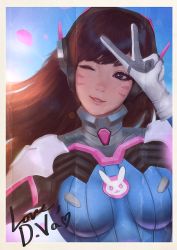 Rule 34 | 1girl, ;), blue sky, brown hair, d.va (overwatch), day, facial mark, headphones, highres, looking at viewer, one eye closed, overwatch, overwatch 1, parted lips, photo (medium), raikoart, resolution mismatch, signature, sky, smile, solo, source larger, v, whisker markings, wink