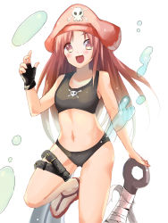 Rule 34 | 1girl, anchor, bikini, blush, breasts, brown eyes, brown hair, fingerless gloves, gloves, guilty gear, hachimitsu (honey xxxx), hat, highres, may (guilty gear), midriff, navel, open mouth, pink hat, pirate hat, sandals, skull and crossbones, small breasts, solo, swimsuit, tankini, thigh strap