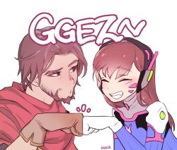 Rule 34 | 1boy, 1girl, animal print, armor, artist name, bad id, bad twitter id, beard, bodysuit, brown eyes, brown gloves, brown hair, cape, cassidy (overwatch), closed eyes, d.va (overwatch), eyebrows, facepaint, facial hair, facial mark, fang, fist bump, gloves, grin, headphones, high collar, long hair, overwatch, overwatch 1, panza, pauldrons, pilot suit, rabbit print, red cape, ribbed bodysuit, short hair, shoulder armor, shoulder pads, simple background, smile, whisker markings, white background, white gloves