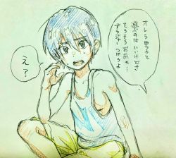 Rule 34 | 1girl, blue hair, blue tank top, breasts, colored pencil (medium), female focus, highres, looking at viewer, nanase774938, open mouth, original, short hair, shorts, sideboob, small breasts, solo, sweat, tank top, tomboy, traditional media, yellow shorts