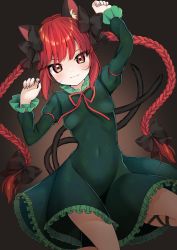 Rule 34 | 1girl, animal ears, arm up, black border, border, bow, braid, cat ears, cat tail, closed mouth, commentary, covered navel, dress, extra ears, fingernails, frilled dress, frilled sleeves, frills, green dress, hair bow, highres, kaenbyou rin, long hair, long sleeves, medium dress, multiple tails, red eyes, red hair, ruruepa, sharp fingernails, sidelocks, smile, solo, tail, touhou, twin braids, twintails