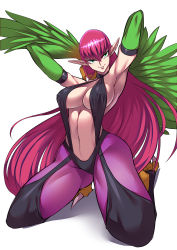 Rule 34 | 1girl, absurdres, armpits, arms up, breasts, cleavage, covered erect nipples, duel monster, elbow gloves, feathered wings, full body, gloves, green eyes, green gloves, harpie lady, harpie lady 1, harpy, head tilt, highres, kneeling, large breasts, long hair, monster girl, pantyhose, pink hair, pointy ears, purple pantyhose, ryuusei (mark ii), sideboob, solo, swimsuit over clothes, talons, thick thighs, thighs, tsurime, very long hair, winged arms, wings, yu-gi-oh!, yu-gi-oh! duel monsters