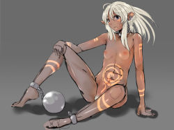 Rule 34 | 1girl, abs, arm support, bad id, bad pixiv id, ball and chain restraint, bdsm, bodypaint, bondage, bound, breasts, chain, collar, cuffs, dark-skinned female, dark elf, dark skin, earrings, elf, female focus, female pubic hair, highres, jewelry, looking at viewer, mkcrf, naked paint, navel, nipples, nude, original, pointy ears, pubic hair, purple eyes, shackles, sitting, sketch, slave, small breasts, solo, spread legs, uncensored, white hair