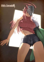 Rule 34 | 1girl, akinaie, breasts, clothes lift, helm, helmet, large breasts, long hair, navel, pink hair, pixiv fantasia, pixiv fantasia 4, pointy ears, shirt lift, shorts, solo, sweater