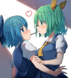 Rule 34 | 2girls, arm grab, ascot, blue bow, blue dress, blue eyes, blue hair, blush, bow, breasts, cirno, commentary request, daiyousei, dress, eye contact, food, food in mouth, from side, green eyes, green hair, hair bow, hair ribbon, heart, highres, large breasts, looking at another, mamemochi, mouth hold, multiple girls, one side up, pinafore dress, pocky, pocky kiss, profile, puffy short sleeves, puffy sleeves, ribbon, shared food, shirt, short hair, short sleeves, sleeveless dress, smile, touhou, upper body, white shirt, yellow ascot, yellow ribbon, yuri