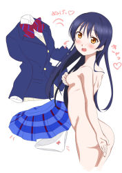 Rule 34 | 10s, 1girl, blush, breasts, covering privates, covering ass, covering breasts, highres, looking at viewer, love live!, love live! school idol project, nude, otonokizaka school uniform, school uniform, small breasts, solo, sonoda umi, standing, tagme