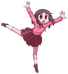 Rule 34 | 1girl, arms up, azumanga daioh&#039;s school uniform, azumanga daiou, brown eyes, brown footwear, brown hair, commentary request, falling, floating hair, full body, hair over shoulder, jumping, kasuga ayumu, korean commentary, leg up, loafers, long sleeves, looking at viewer, medium hair, midriff peek, neck ribbon, open mouth, outstretched arms, pink shirt, pleated skirt, red ribbon, red skirt, ribbon, sailor collar, school uniform, serafuku, shirt, shoes, shouting, simple background, sketch, skirt, solo, spread arms, surprised, tekaaluk, white background, white sailor collar, wide-eyed