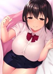 Rule 34 | 1girl, black eyes, black hair, blue skirt, blush, bow, bowtie, breasts, closed mouth, dutch angle, half-closed eyes, hand up, large breasts, long hair, looking at viewer, lying, mole, mole under eye, on side, original, pleated skirt, red bow, red bowtie, satou kuuki, school uniform, shirt, short sleeves, sidelocks, skirt, smile, solo, tareme, under covers, white shirt