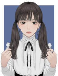 Rule 34 | 1girl, black eyes, black hair, black nails, black skirt, blue background, border, closed mouth, cross, cross earrings, dangle earrings, earrings, expressionless, eyelashes, frilled sleeves, frills, hair between eyes, hands up, highres, jewelry, lips, long sleeves, looking at viewer, low twintails, neck ribbon, original, outside border, ribbon, ring, shirabuji (weeping wt), shirt, simple background, skirt, solo, turtleneck, turtleneck shirt, twintails, upper body, white border, white shirt