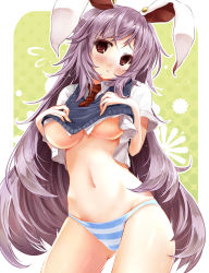 Rule 34 | 1girl, :3, animal ears, bad id, bad pixiv id, blue panties, blush, breast suppress, breasts, brown eyes, clothes lift, female focus, groin, highres, large breasts, long hair, navel, necktie, no pants, panties, purple hair, rabbit ears, reisen udongein inaba, revision, scarlet (studioscr), shirt, shirt lift, simple background, solo, striped clothes, striped panties, sweat, sweater vest, touhou, underboob, underwear, very long hair, white panties