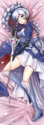 Rule 34 | 1girl, adsouto, bed sheet, black gloves, blue eyes, blue shirt, blush, boots, braid, braided ponytail, breasts, cleavage, dakimakura (medium), elbow gloves, from above, full body, gloves, grey footwear, hair ornament, highres, holding, holding sword, holding weapon, knee boots, long hair, looking at viewer, lying, medium breasts, on side, open mouth, ponytail, rwby, scar, scar across eye, scar on face, shirt, silver hair, skirt, solo, swept bangs, sword, very long hair, weapon, weiss schnee, white skirt