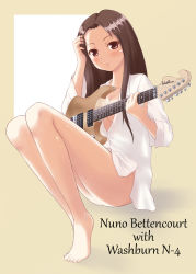 Rule 34 | 1girl, adjusting hair, bare legs, barefoot, blush, breasts, brown eyes, brown hair, censored, cleavage, convenient censoring, electric guitar, english text, face, feet, full body, genderswap, genderswap (mtf), guitar, highres, instrument, kusaka maichi, long hair, medium breasts, naked shirt, no bra, no panties, nuno bettencourt, open clothes, open shirt, original, shirt, simple background, sitting, solo, white shirt