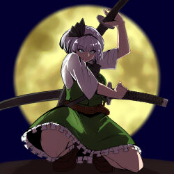 Rule 34 | 1girl, absurdres, black hairband, blurry, blurry background, closed mouth, commentary request, full body, full moon, green eyes, green skirt, green vest, grey hair, hairband, highres, holding, holding sword, holding weapon, konpaku youmu, moon, multiple swords, shirt, short hair, short sleeves, skirt, smile, solo, squatting, strong anus, sword, sword behind back, touhou, vest, weapon, white shirt