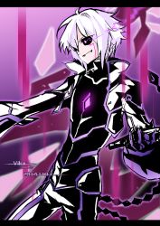 Rule 34 | 10s, 1boy, 2014, add (elsword), artist name, bad id, bad pixiv id, black sclera, bodysuit, colored sclera, cropped jacket, dated, diabolic esper (elsword), elsword, facial mark, gloves, highres, letterboxed, male focus, purple background, purple eyes, purple theme, solo, tattoo, vilor, white hair