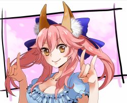 Rule 34 | 10s, 1girl, \m/, animal ears, border, breasts, cleavage, fate/extra, fate (series), fox ears, fox tail, frilled shirt, frills, gradient background, hair ribbon, large breasts, pink hair, ribbon, shiki (sichukin), shirt, solo, tail, tamamo (fate), tamamo no mae (fate/extra), twintails, yellow eyes