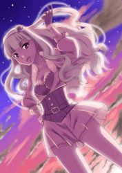 Rule 34 | 1girl, belt, breasts, cleavage, cloud, gloves, hairband, hand on own hip, highres, idolmaster, idolmaster (classic), long hair, nomi, open mouth, red eyes, ruffling hair, shijou takane, silver hair, skirt, sky, solo