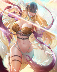 Rule 34 | 1girl, angewomon, asymmetrical clothes, bare shoulders, belt, blonde hair, breasts, covered eyes, cropped legs, digimon, digimon (creature), elbow gloves, feathered wings, gloves, head wings, helmet, helmet over eyes, highres, large breasts, lips, long hair, mcdobo, navel, o-ring, o-ring belt, shawl, simple background, solo, thigh strap, very long hair, winged helmet, wings, wrist wings