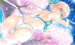 Rule 34 | 1girl, ahoge, arm up, armpits, ass, back, bad id, bad pixiv id, bare back, bare shoulders, bikini, blonde hair, blue bow, blush, bow, breasts, brown eyes, butt crack, cherry blossoms, closed eyes, commentary request, day, dutch angle, fate/grand order, fate (series), from behind, hair bow, holding, holding sword, holding weapon, light rays, looking at viewer, looking back, medium breasts, morizono shiki, okita j. souji (fate), okita j. souji (third ascension) (fate), okita souji (fate), okita souji (koha-ace), outdoors, petals, short hair, short ponytail, smile, solo, sunbeam, sunlight, swimsuit, sword, tree, wading, water, weapon, white bikini, wide hips