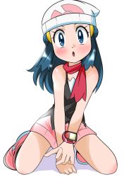 Rule 34 | 1girl, blue eyes, blue hair, blush, boots, breasts, creatures (company), curvy, dawn (pokemon), female focus, game freak, hainchu, looking at viewer, nintendo, pokemon, pokemon (anime), pokemon dppt (anime), shiny skin, sitting, skirt, small breasts, solo