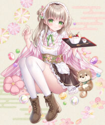 Rule 34 | 1girl, animal, black skirt, blush, boots, bow, brown background, brown footwear, brown hair, closed mouth, collared shirt, commentary request, cross-laced footwear, dog, dress shirt, egasumi, food, frilled skirt, frills, full body, green bow, green eyes, highres, holding, holding tray, japanese clothes, kimono, kohinata hoshimi, lace-up boots, long hair, looking at viewer, maid, original, panties, pink kimono, pleated skirt, shirt, sitting, skirt, smile, solo, thighhighs, thighhighs under boots, tray, two side up, underwear, very long hair, wa maid, white panties, white shirt, white thighhighs, wooden spoon