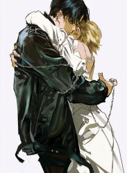 Rule 34 | 2boys, androgynous, arm around shoulder, black hair, black jacket, blonde hair, brown pants, chain, chain around arm, chrollo lucilfer, couple, covered face, cowboy shot, crossdressing, dress, earpiece, facial mark, forehead mark, from side, hand on another&#039;s back, huangdanlan, hug, hunter x hunter, jacket, jewelry, kurapika, leather, leather jacket, long sleeves, looking at hand, looking down, male focus, multiple boys, multiple straps, off shoulder, pants, parted bangs, profile, ring, short hair, simple background, white background, white dress, yaoi