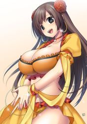 Rule 34 | 1girl, blush, breasts, brown hair, choker, cleavage, crop top, dress, earrings, fate/grand order, fate (series), flower, frills, grey eyes, hair flower, hair ornament, hoop earrings, jewelry, large breasts, long hair, looking at viewer, mata hari (fate), midriff, open mouth, orange dress, own hands together, puffy short sleeves, puffy sleeves, sash, short sleeves, signature, smile, solo, suzuki nene, wrist cuffs