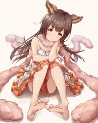 Rule 34 | 10s, 1girl, animal ears, aster (granblue fantasy), barefoot, blush, brown eyes, brown hair, clothes between thighs, feet, full body, granblue fantasy, highres, long hair, looking at viewer, sitting, smile, soles, solo, toes, toki (toki ship8)