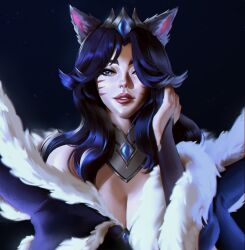 Rule 34 | 1girl, ahri (league of legends), animal ears, black background, black hair, breasts, cleavage, coat, facial mark, fur-trimmed coat, fur trim, gem, green eyes, hair over one eye, hand up, highres, large breasts, league of legends, long hair, long sleeves, luzdanaee, midnight ahri, parted bangs, solo, whisker markings