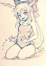 Rule 34 | 1girl, bare legs, barefoot, bow, breasts, collarbone, commentary request, covered navel, cowboy shot, d-m (dii emu), eyelashes, greyscale, hair bow, happy, horns, ibuki suika, lap pillow invitation, long hair, looking at viewer, monochrome, one-piece swimsuit, oni horns, open mouth, seiza, sitting, small breasts, swimsuit, touhou, traditional media