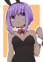 Rule 34 | 1girl, :3, animal ears, bare shoulders, black leotard, blush, bow, bowtie, breasts, cleavage, dark-skinned female, dark skin, detached collar, fake animal ears, fate/grand order, fate/prototype, fate/prototype: fragments of blue and silver, fate (series), hairband, hassan of serenity (fate), headband, i.u.y, leotard, looking at viewer, playboy bunny, purple eyes, purple hair, rabbit ears, short hair, sidelocks, simple background, small breasts, solo, strapless, strapless leotard, wrist cuffs