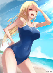 Rule 34 | 1girl, absurdres, alternate breast size, beach, blonde hair, blue eyes, blue one-piece swimsuit, blue sky, breasts, cloud, commentary, competition school swimsuit, covered navel, cowboy shot, day, english commentary, half-closed eyes, hand on own hip, highres, kenn artz, kofune ushio, leaning forward, long hair, medium breasts, one-piece swimsuit, outdoors, school swimsuit, shading eyes, sky, solo, standing, summertime render, swimsuit, thighs, very long hair