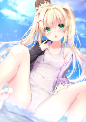 Rule 34 | 1boy, 2girls, bare legs, bare shoulders, barefoot, black jacket, blonde hair, blue sky, blush, breasts, brown hair, character request, chestnut mouth, chibi, closed mouth, cloud, collarbone, commentary request, covered navel, day, green eyes, hair between eyes, hair intakes, hair ornament, hairclip, hand up, highres, jacket, kouda suzu, long hair, long sleeves, looking at viewer, mini person, miniboy, minigirl, mizuori shizuku, multiple girls, off shoulder, old school swimsuit, one-piece swimsuit, open clothes, open jacket, open mouth, outdoors, purple hair, school swimsuit, sky, sleeves past wrists, small breasts, smile, summer pockets, swimsuit, takahara hairi, tsumugi wenders, twintails, very long hair, white one-piece swimsuit, x hair ornament, | |