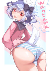 Rule 34 | 1boy, absurdres, artist request, ass, blush, bow, bulge, crossdressing, dog tail, fang, from behind, hair bow, hair ornament, highres, huge ass, inuyama tamaki, long hair, looking at viewer, looking back, miniskirt, noripro, open mouth, panties, red eyes, school uniform, shiny skin, silver hair, skirt, smile, solo, striped clothes, striped panties, tail, thighhighs, trap, twintails, underwear, virtual youtuber